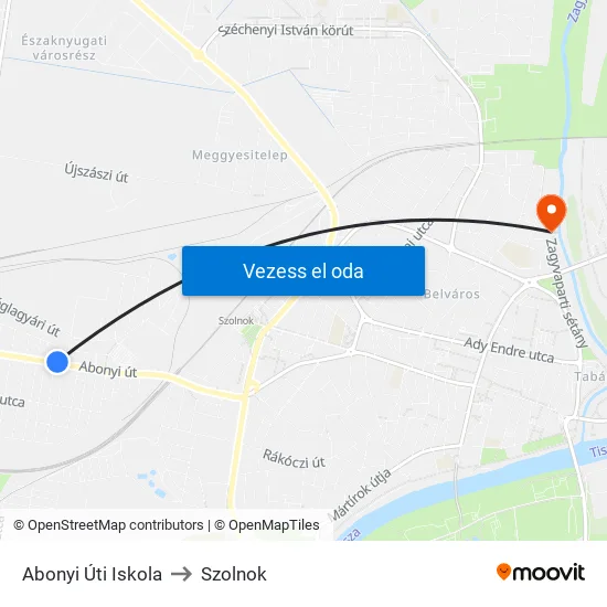 Abonyi Úti Iskola to Szolnok map