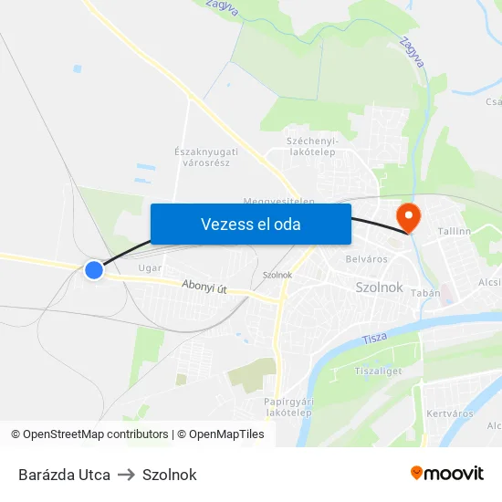 Barázda Utca to Szolnok map