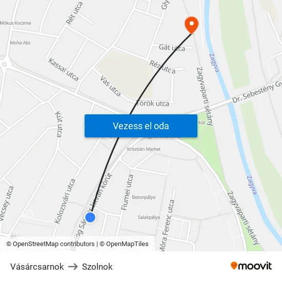 Vásárcsarnok to Szolnok map