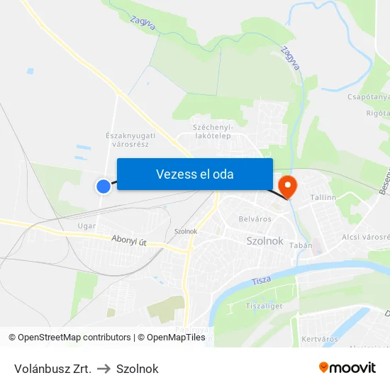 Volánbusz Zrt. to Szolnok map