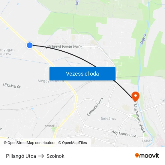 Pillangó Utca to Szolnok map