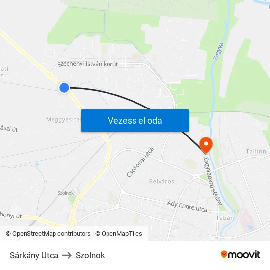 Sárkány Utca to Szolnok map