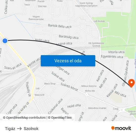 Tigáz to Szolnok map