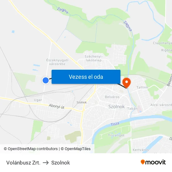 Volánbusz Zrt. to Szolnok map