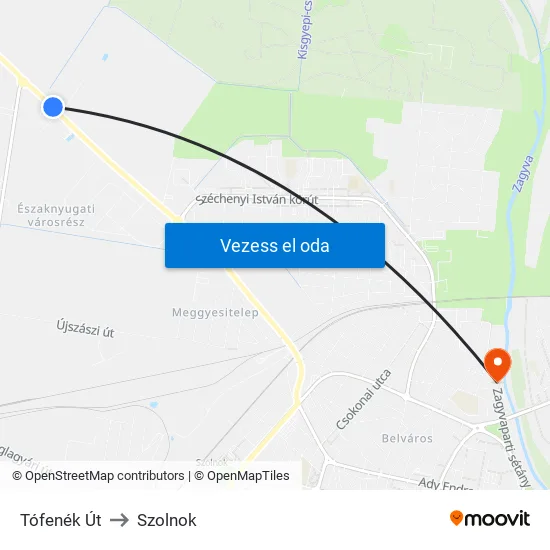 Tófenék Út to Szolnok map
