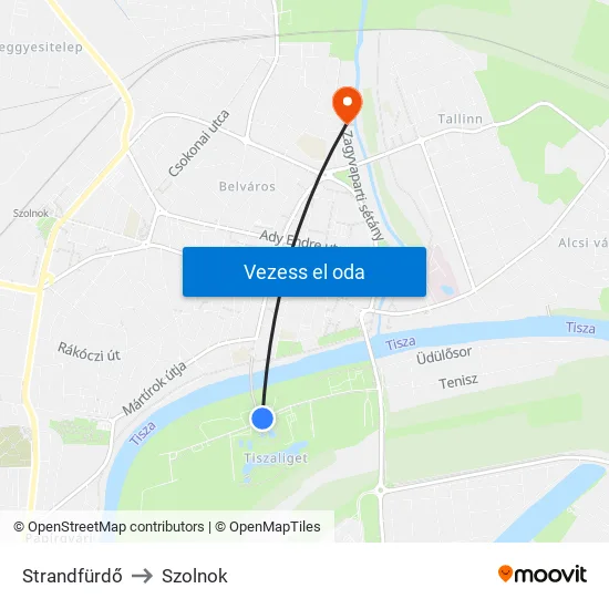 Strandfürdő to Szolnok map