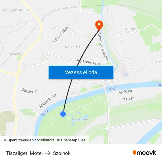 Tiszaligeti Motel to Szolnok map