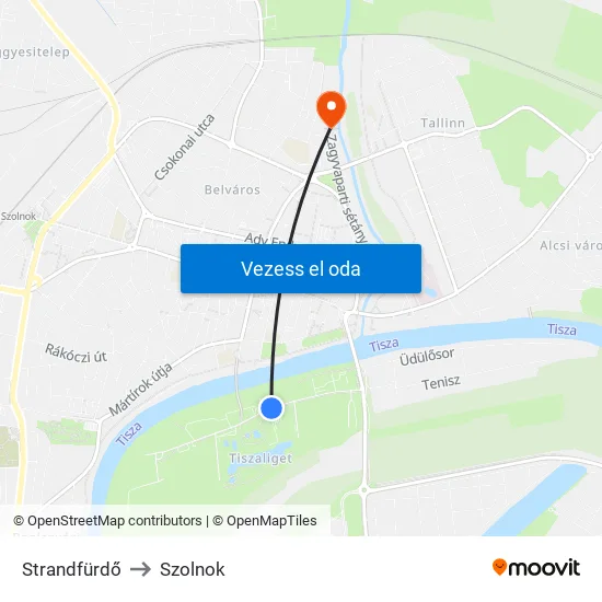 Strandfürdő to Szolnok map