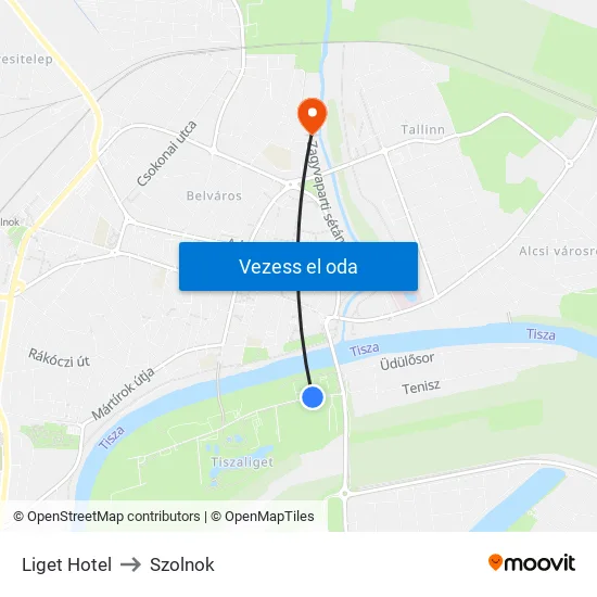 Liget Hotel to Szolnok map