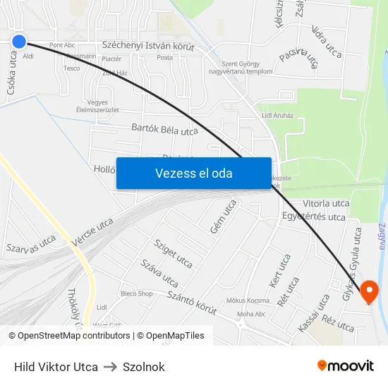 Hild Viktor Utca to Szolnok map