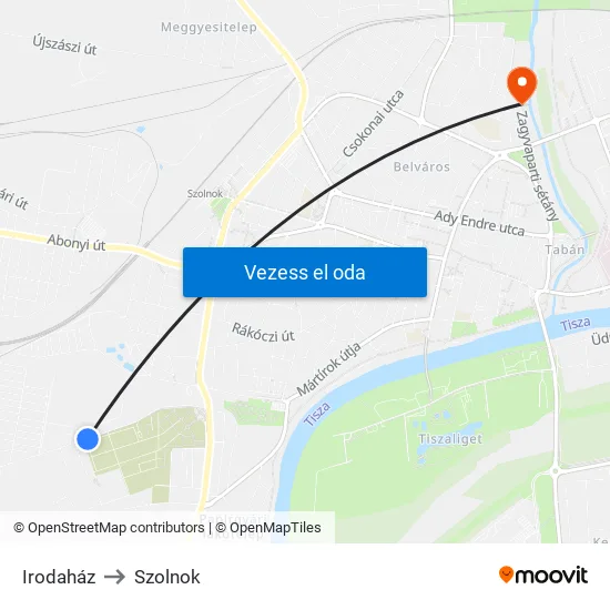 Irodaház to Szolnok map