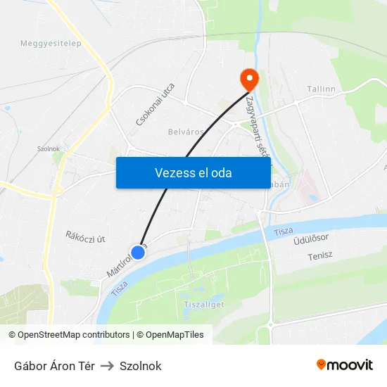 Gábor Áron Tér to Szolnok map