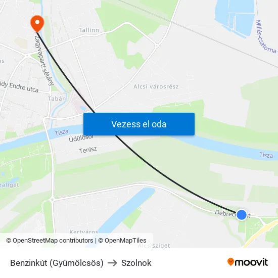 Benzinkút (Gyümölcsös) to Szolnok map