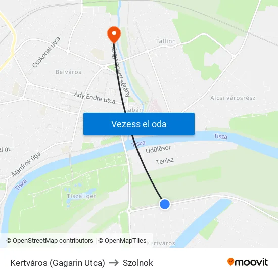 Kertváros (Gagarin Utca) to Szolnok map