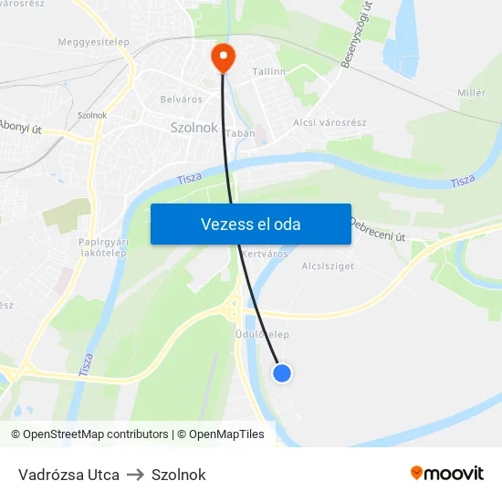 Vadrózsa Utca to Szolnok map
