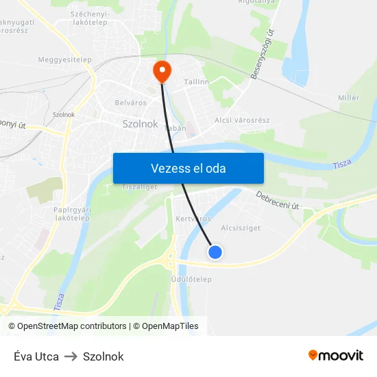 Éva Utca to Szolnok map