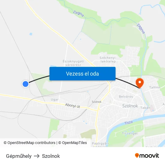 Gépműhely to Szolnok map
