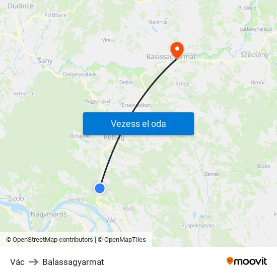 Vác to Balassagyarmat map