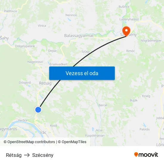 Rétság to Szécsény map