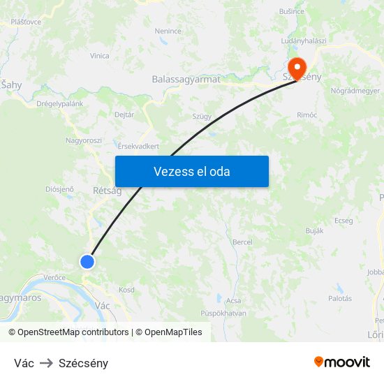 Vác to Szécsény map