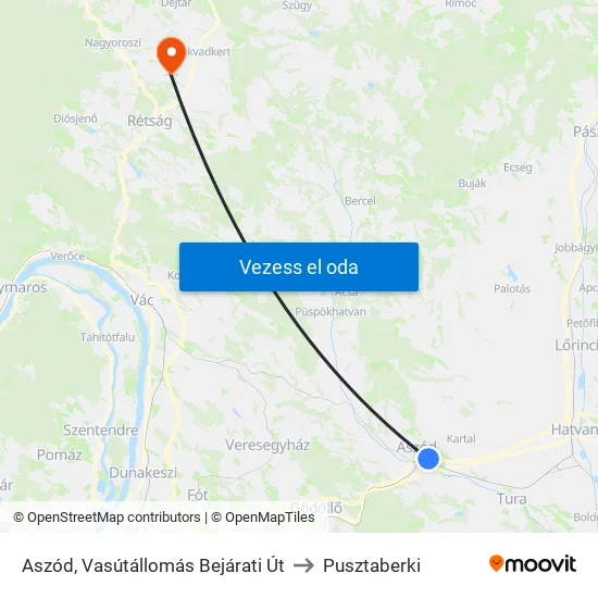 Aszód, Vasútállomás Bejárati Út to Pusztaberki map