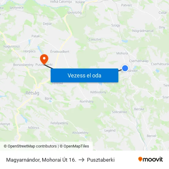 Magyarnándor, Mohorai Út 16. to Pusztaberki map