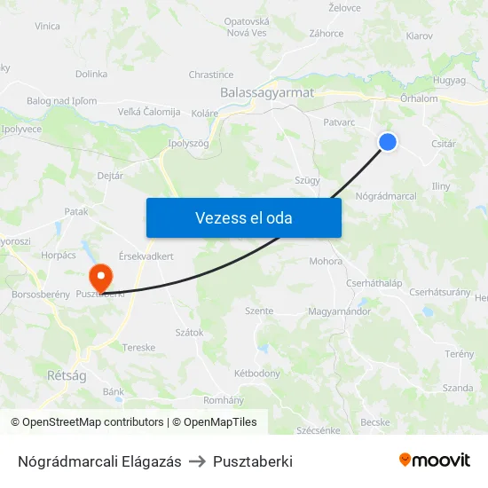 Nógrádmarcali Elágazás to Pusztaberki map