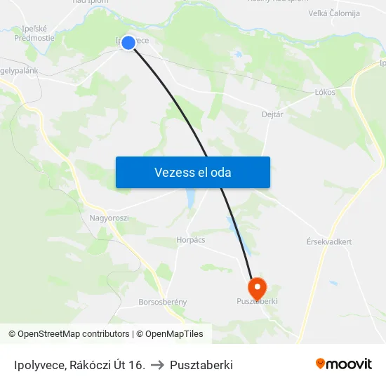 Ipolyvece, Rákóczi Út 16. to Pusztaberki map