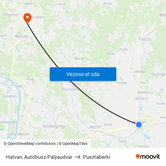 Hatvan, Autóbusz-Pályaudvar to Pusztaberki map