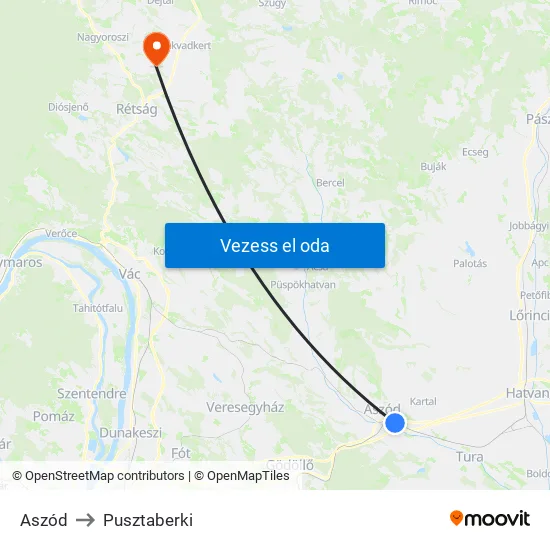 Aszód to Pusztaberki map