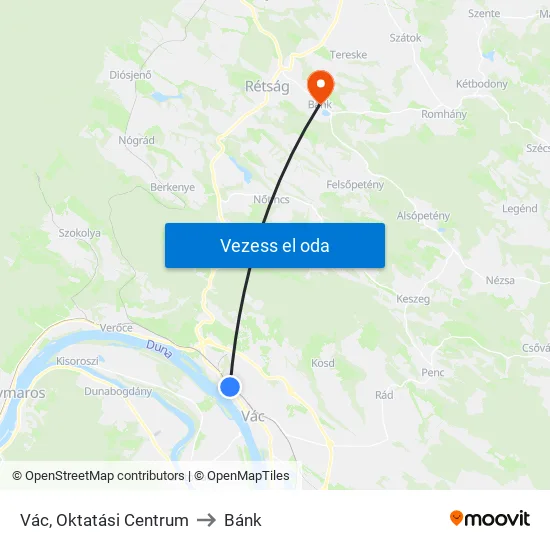 Vác, Oktatási Centrum to Bánk map