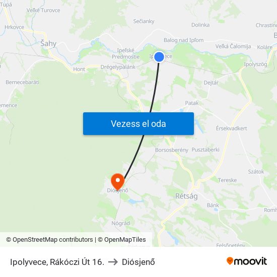 Ipolyvece, Rákóczi Út 16. to Diósjenő map