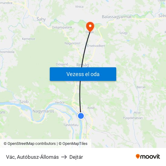 Vác, Autóbusz-Állomás to Dejtár map