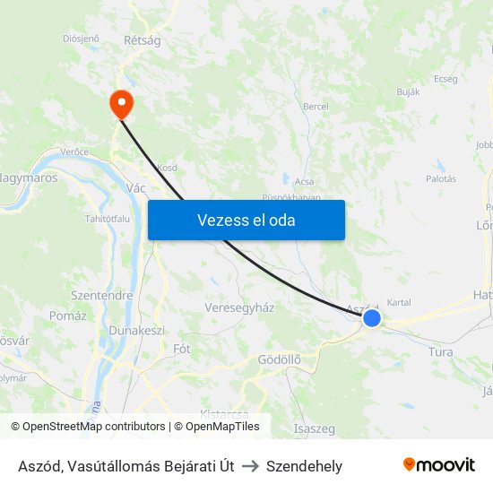 Aszód, Vasútállomás Bejárati Út to Szendehely map