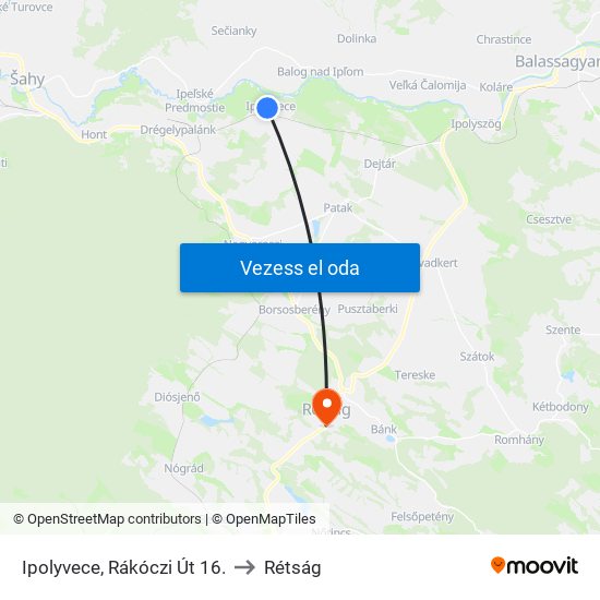 Ipolyvece, Rákóczi Út 16. to Rétság map