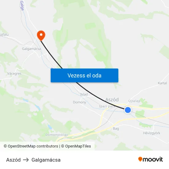 Aszód to Galgamácsa map