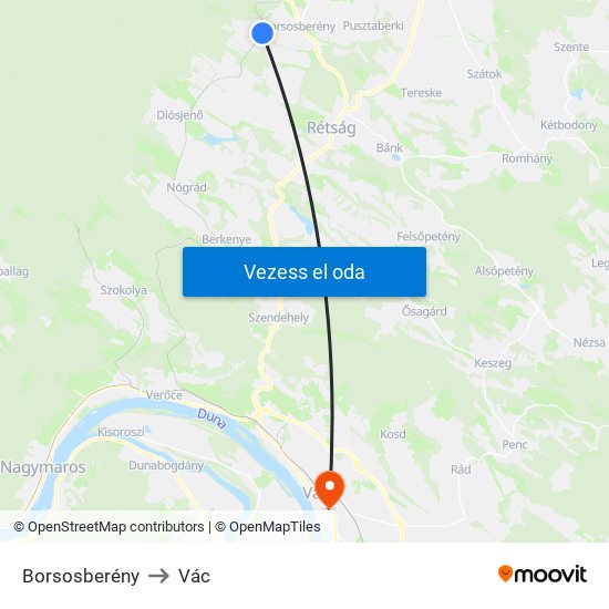 Borsosberény to Vác map