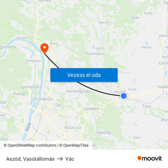 Aszód, Vasútállomás to Vác map