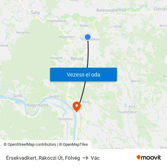 Érsekvadkert, Rákóczi Út, Fölvég to Vác map