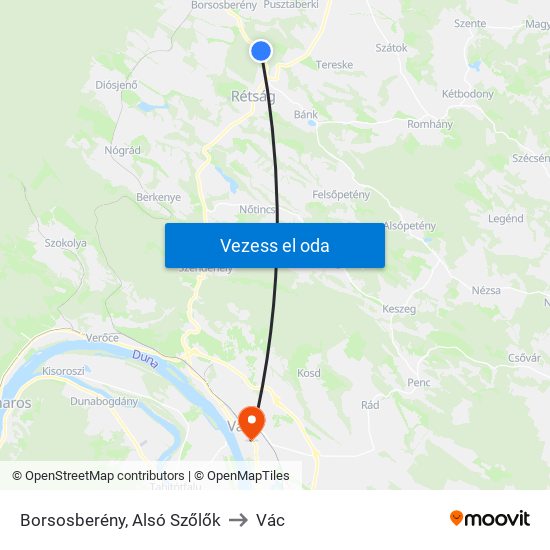 Borsosberény, Alsó Szőlők to Vác map