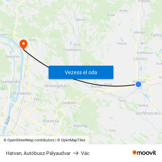 Hatvan, Autóbusz-Pályaudvar to Vác map