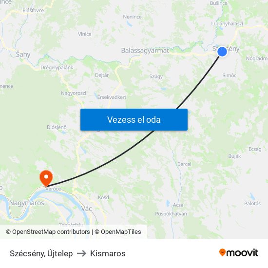 Szécsény, Újtelep to Kismaros map