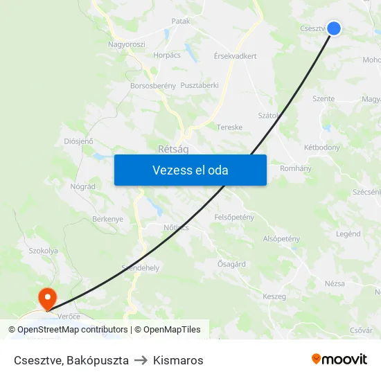 Csesztve, Bakópuszta to Kismaros map