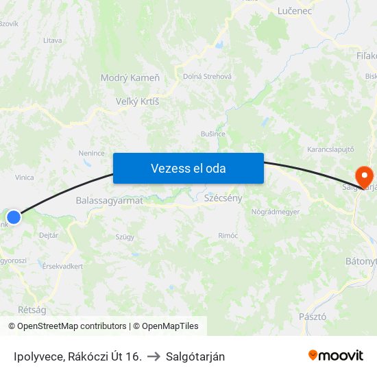 Ipolyvece, Rákóczi Út 16. to Salgótarján map