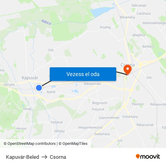 Kapuvár-Beled to Csorna map