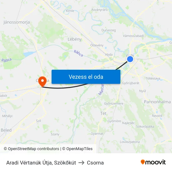 Aradi Vértanúk Útja, Szökőkút to Csorna map