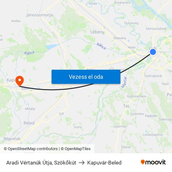 Aradi Vértanúk Útja, Szökőkút to Kapuvár-Beled map