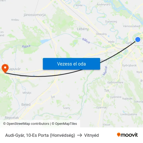 Audi-Gyár, 10-Es Porta (Honvédség) to Vitnyéd map