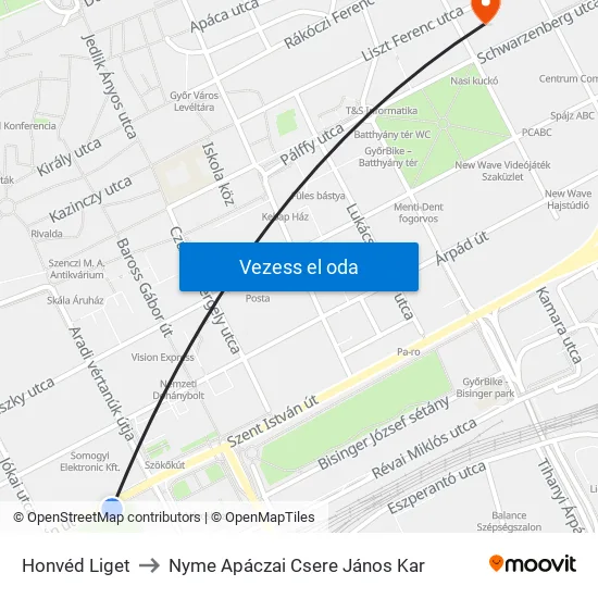 Honvéd Liget to Nyme Apáczai Csere János Kar map