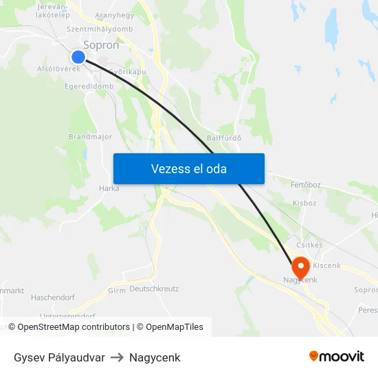 Gysev Pályaudvar to Nagycenk map